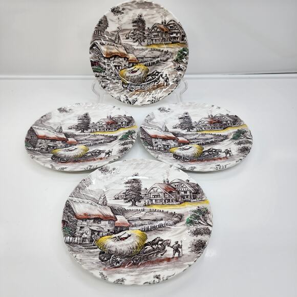 VTG Yorkshire Staffordshire Ironstone Bread Plates Set 4 Farm Scene England - Picture 2 of 9